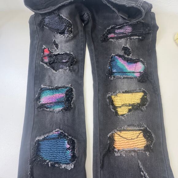 Men’s Moto skinny ripped inlaid embellished mid rise Majestik jeans distressed - Picture 7 of 15